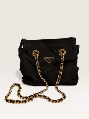 Prada Quilted Nylon Chain Shoulder Bag Black Tessuto Gold Hardware
